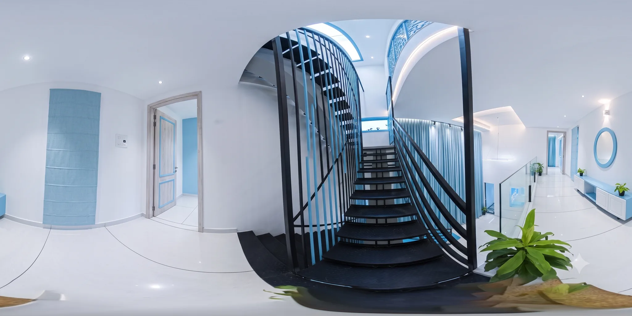 360 degree view of a black steel staircase rising from a bright upper landing