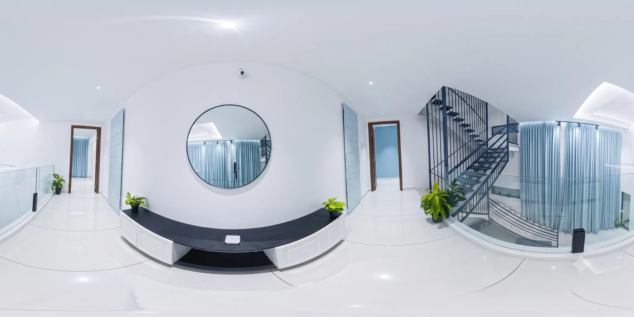 360 degree view of the hallway with round mirror and staircase